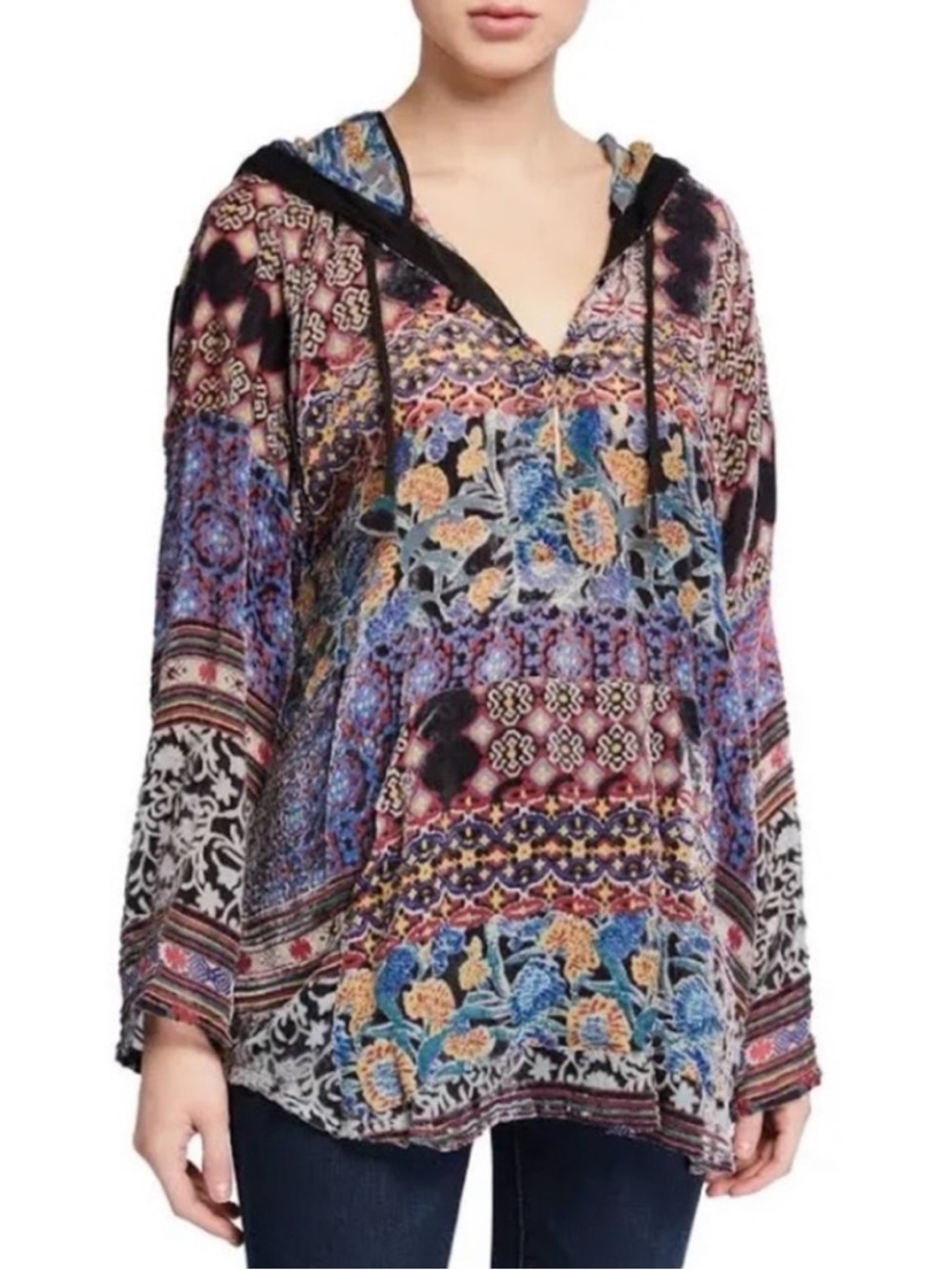 Johnny Was Karma Velvet Silk Blouse Burnout Hooded Boho Tunic Floral  Women’s XL